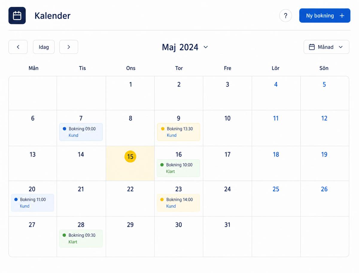 Boksi bokningssystem med kalender, kunder och statistik på svenska